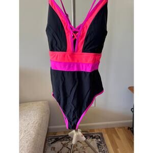 Cupshe Black & Pink Color lock Cheeky Tummy Control Swimwear Women's Size L NWT